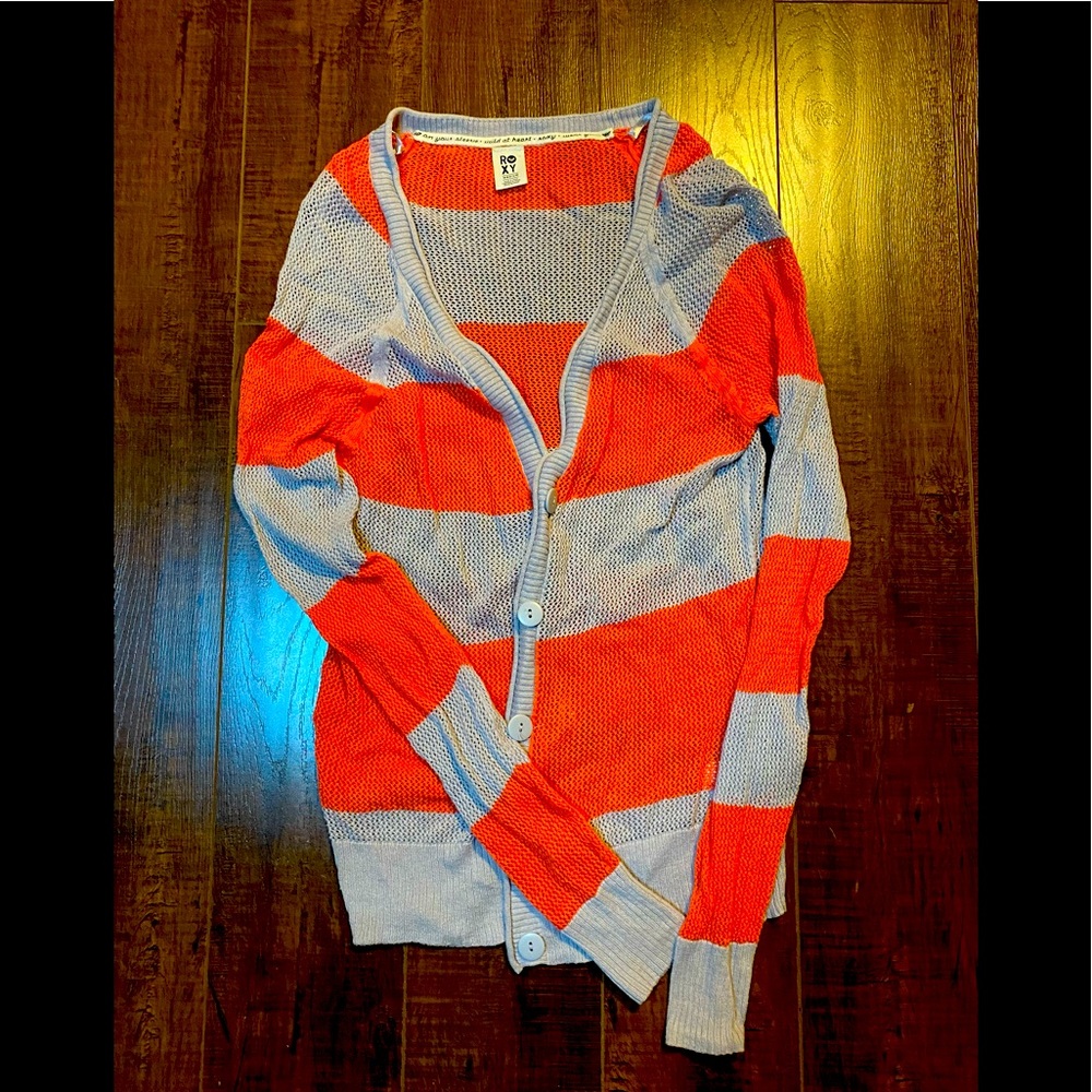 Roxy Coral/Gray striped cardigan oxford knitted